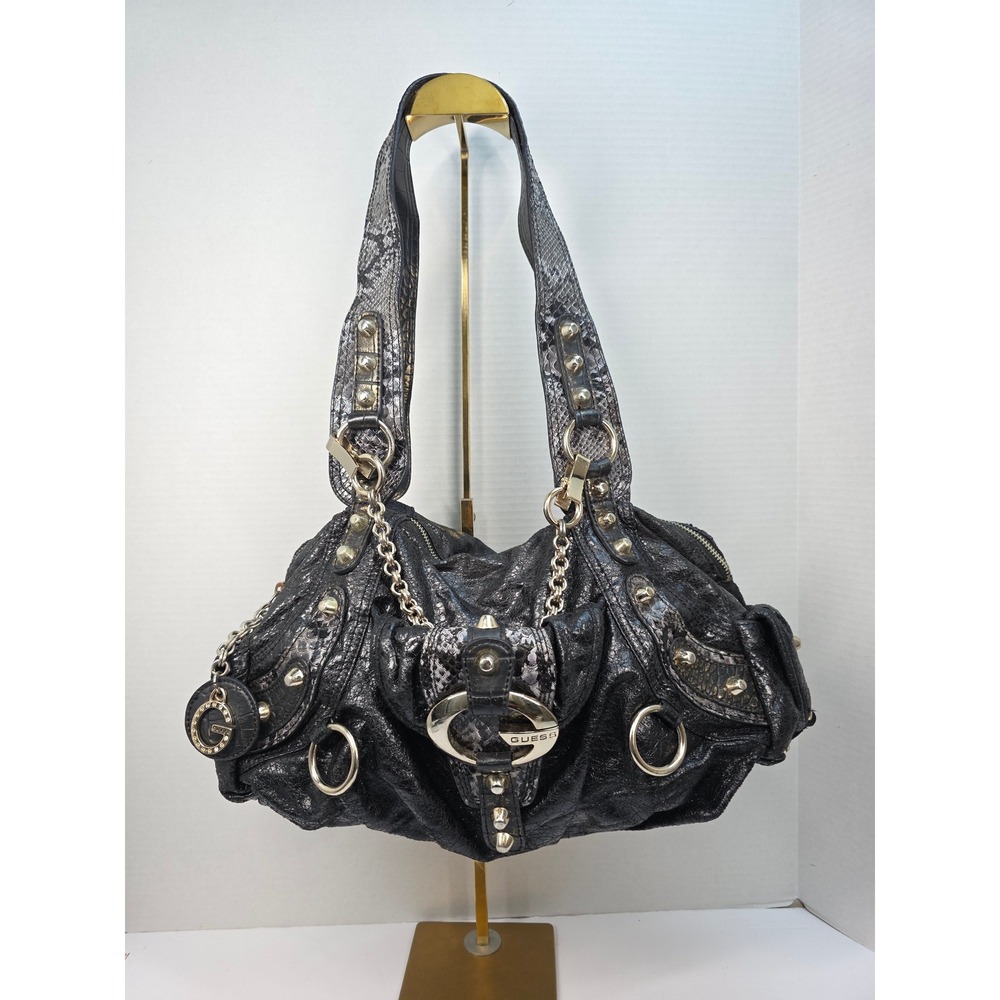 Guess Shoulder Bag Black Snakeskin Y2K Studded Hobo Purse Silver Hardware G Logo